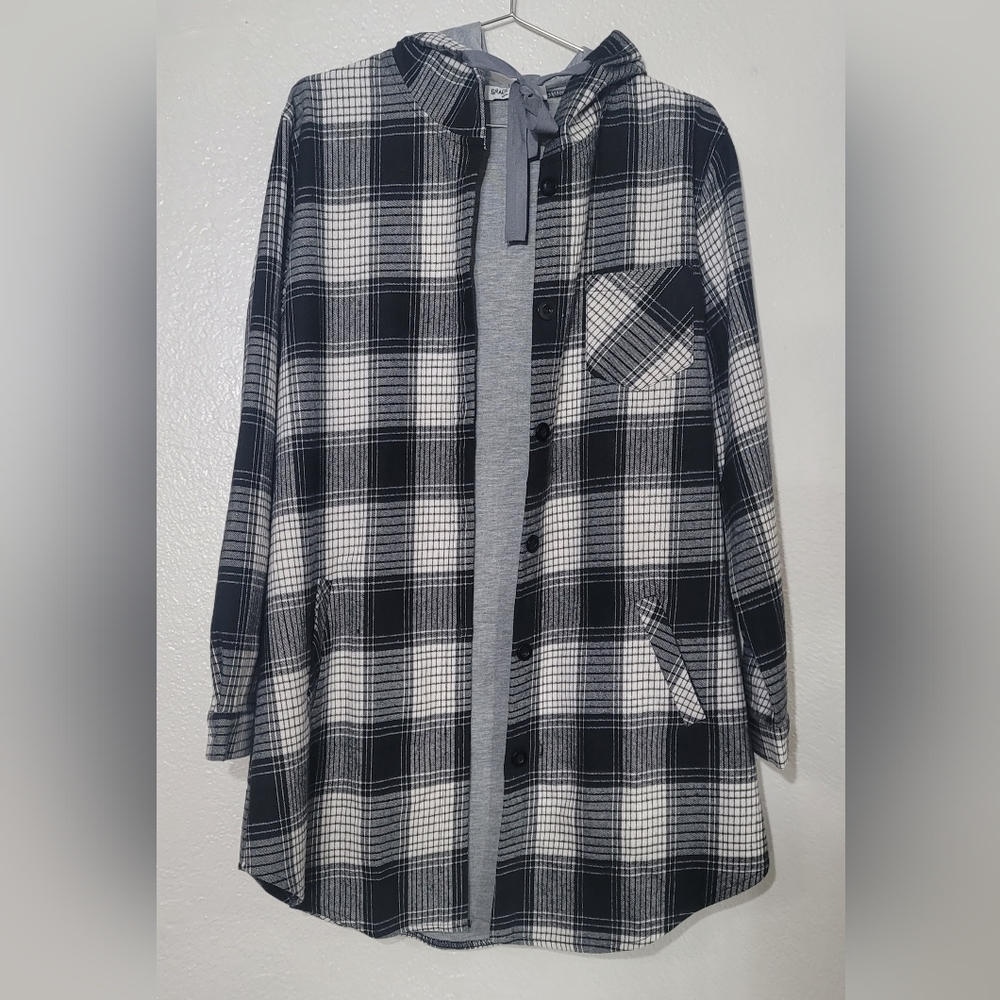 White & Black Plaid Hooded Trech Coat